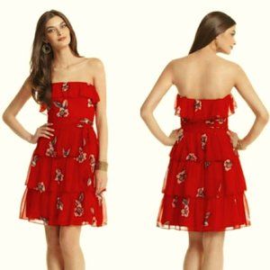 White House Black Market Red Floral Tiered Ruffled Summer Dress